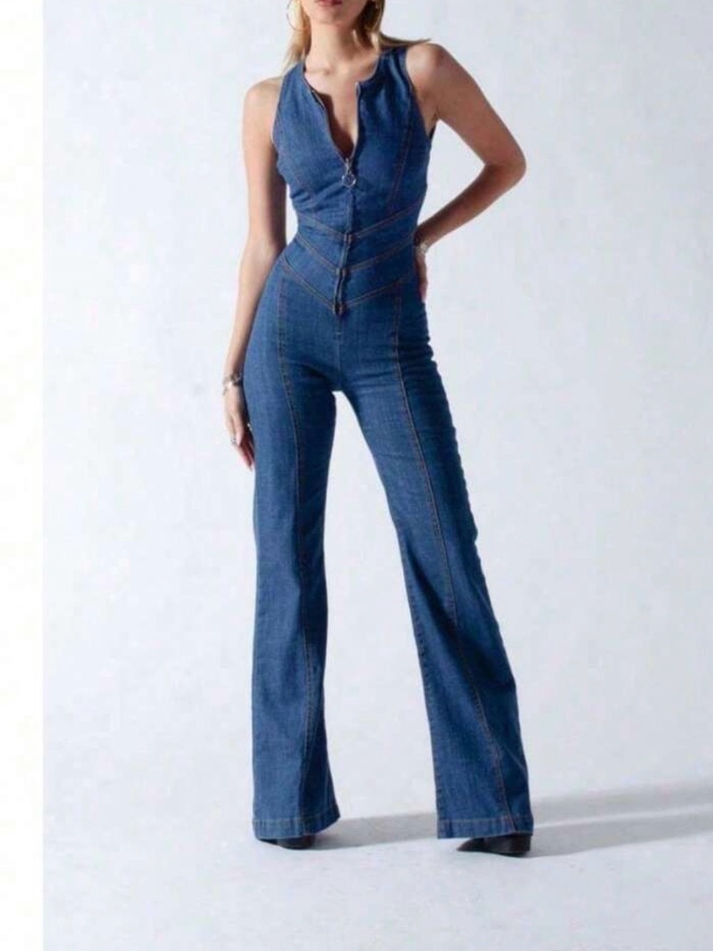 Shein Denim Jumpsuit Slim Fit Zipper Sleeveless V-Neck High Waist Jean Pants XS